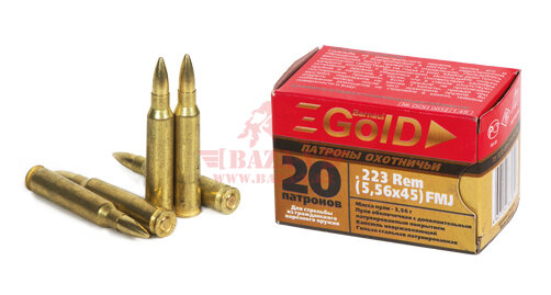 Патрон нарезной охотничий Барнаул .223 Rem (5.56x45) Gold пуля FMJ, 3.56г